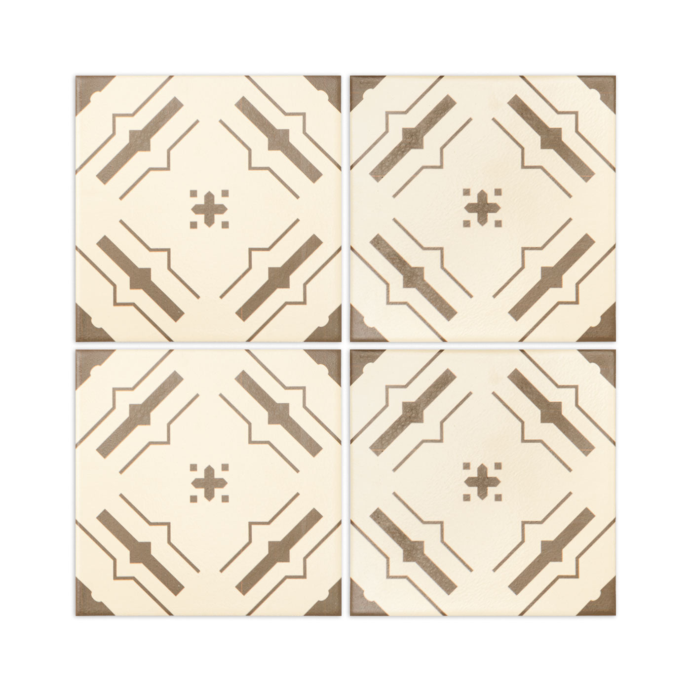 Bundle of Nakbe Tobacco patterned tiles by Clay Imports, featuring a geometric design with a central cross and corner accents.