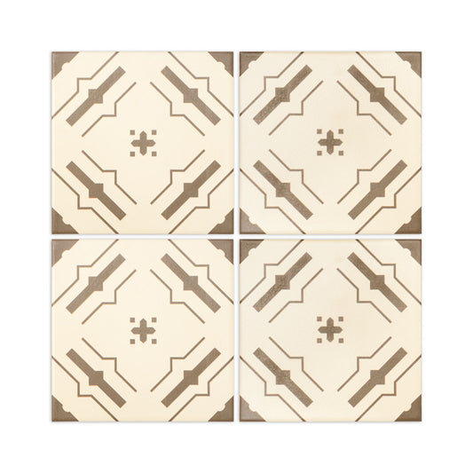Bundle of Nakbe Tobacco patterned tiles by Clay Imports, featuring a geometric design with a central cross and corner accents.