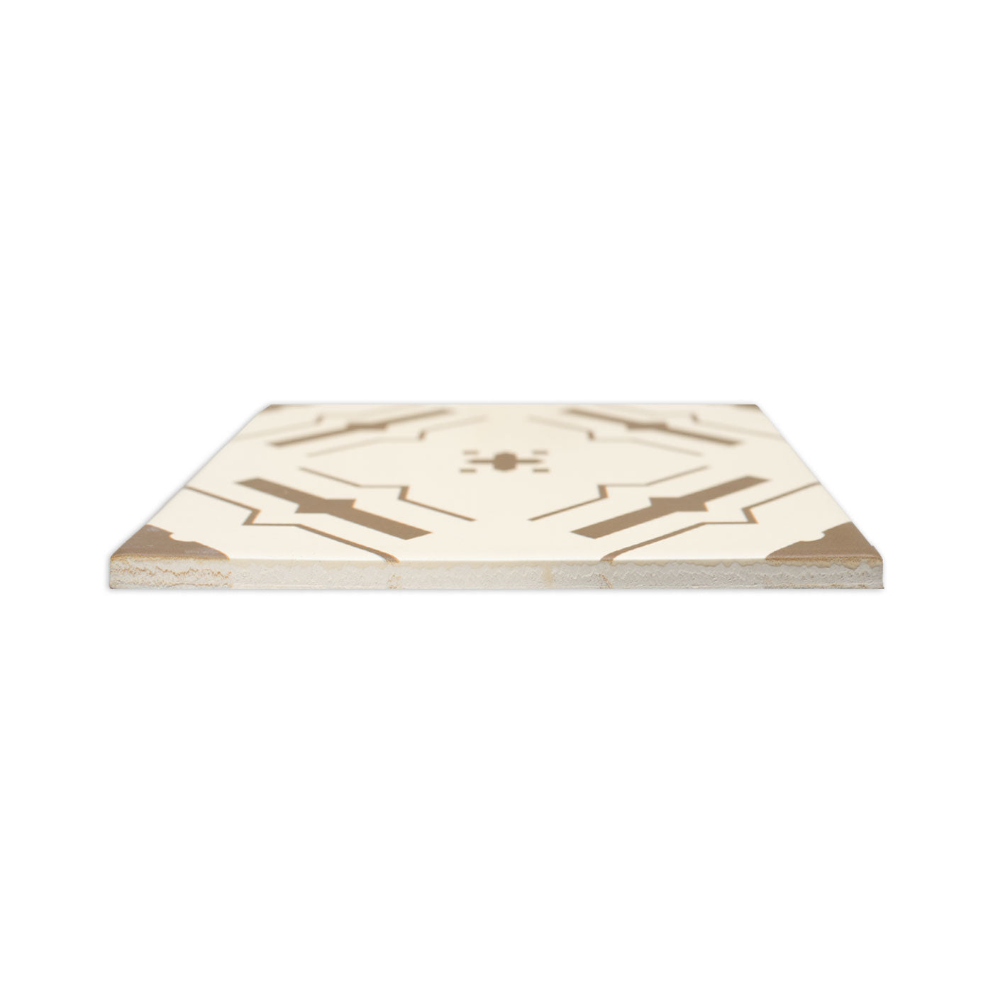 Cream tile with tobacco brown geometric pattern by Clay Imports, viewed from the side.