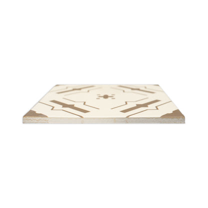 Cream tile with tobacco brown geometric pattern by Clay Imports, viewed from the side.