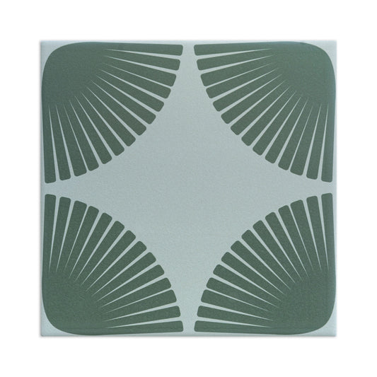 Olive green petal peyote patterned 8x8 tile with fan-shaped design on light gray background, top-down view