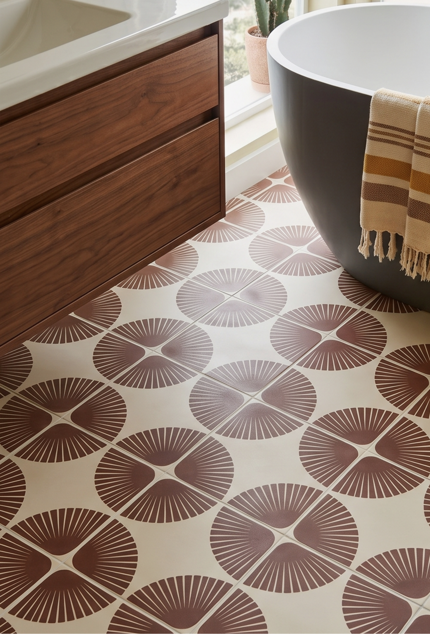 Bathroom with wooden vanity, white bathtub, and patterned floor tiles.