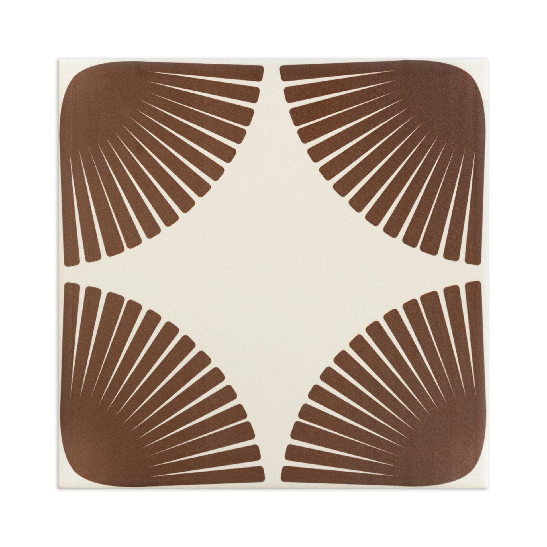 Cream square tile with brown petal-shaped fan patterns in each corner, front view, sample design