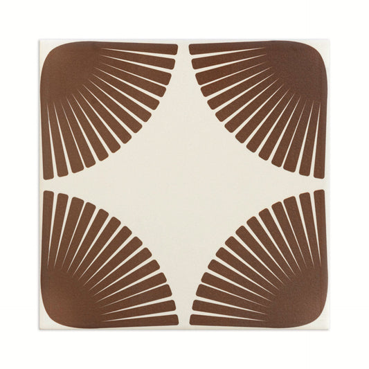 Cream square tile with brown petal-shaped fan patterns in each corner, front view, sample design