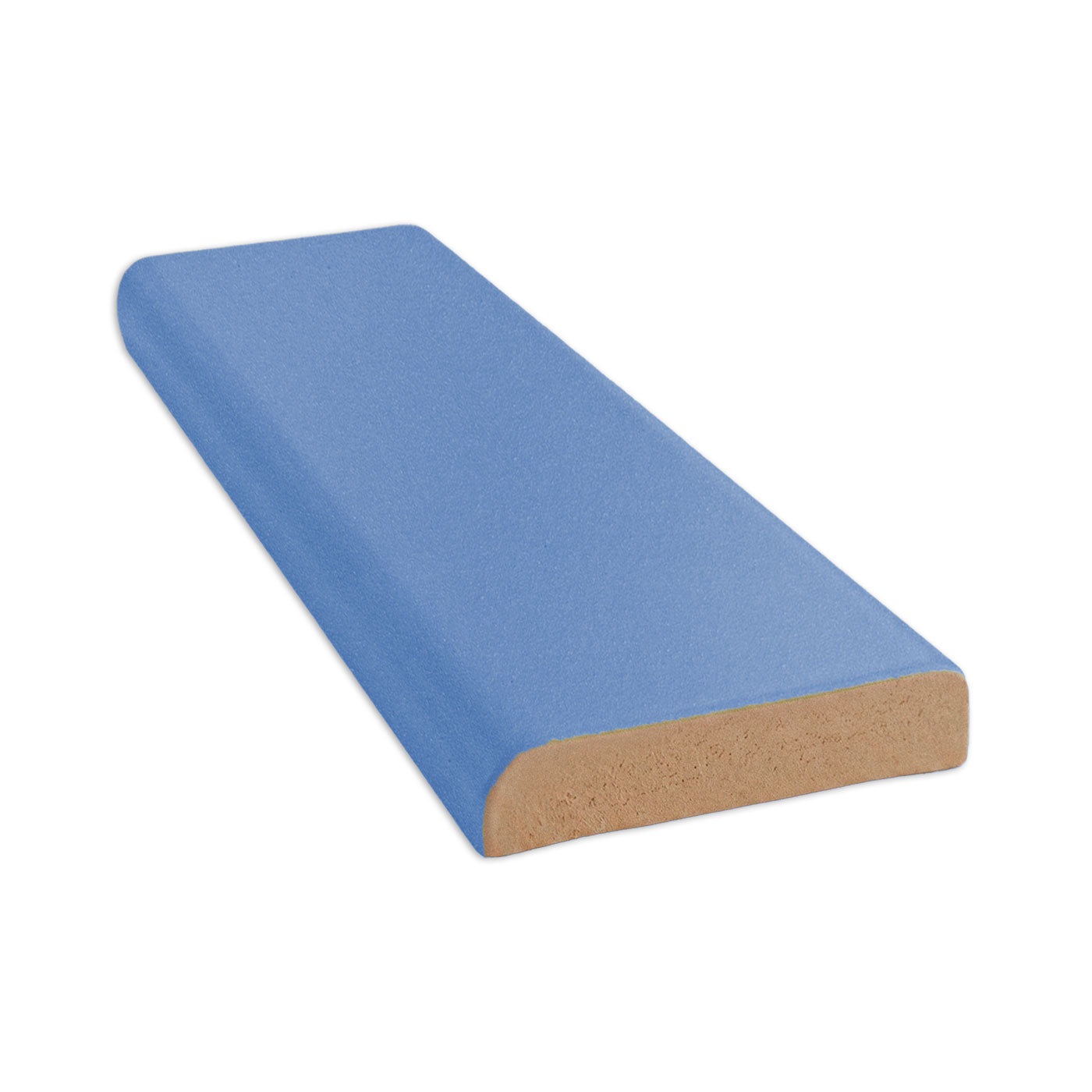 Denim Matte Single Bullnose 2x8 tile from Clay Imports with a rounded edge and visible beige core.