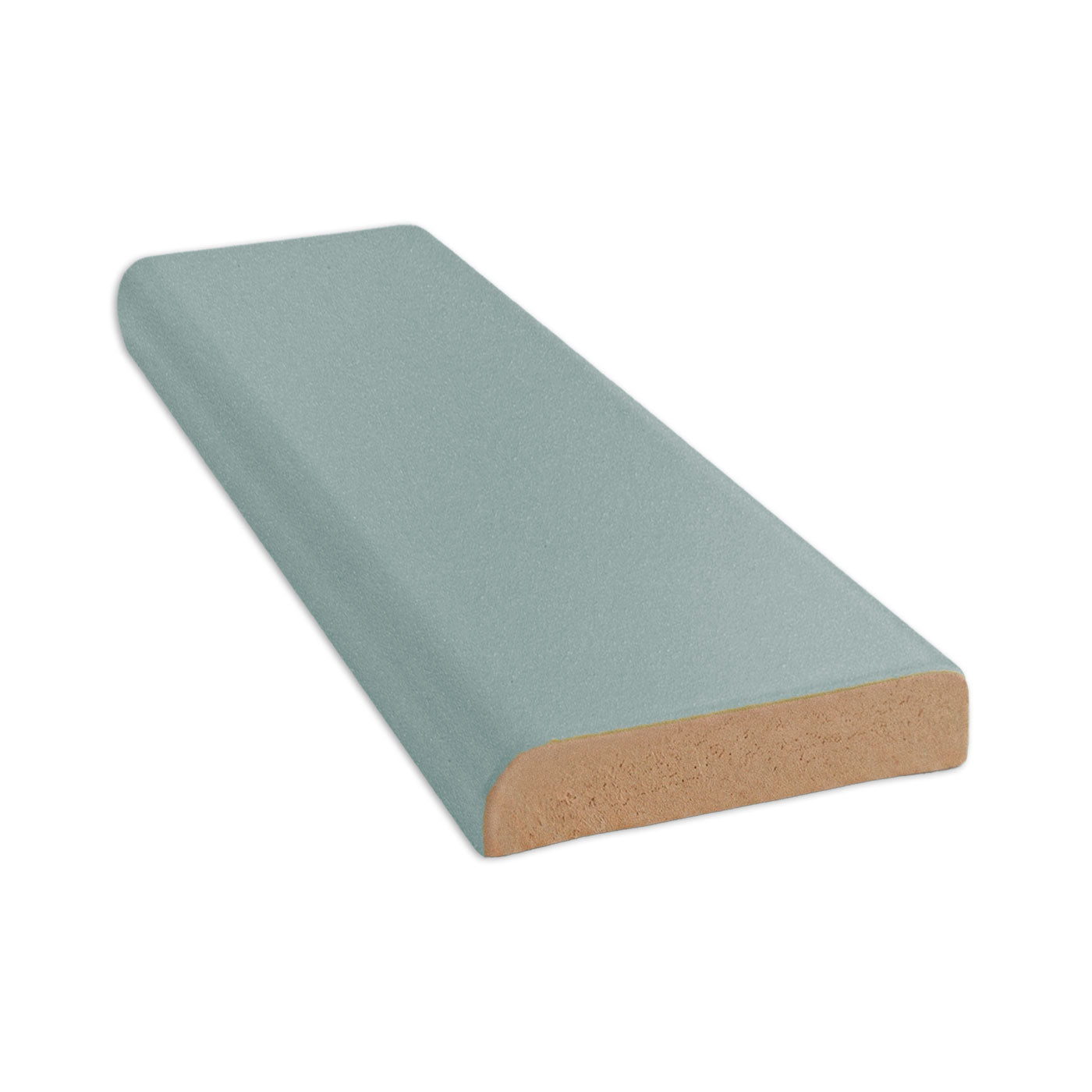 Single Bullnose Hot Spring Matte tile by Clay Imports, angled with a rounded edge and visible raw beige core.