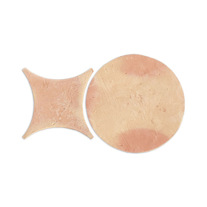 Terracotta Texas Penny Antique Matte tiles by Clay Imports, featuring one circular and one curved square piece.