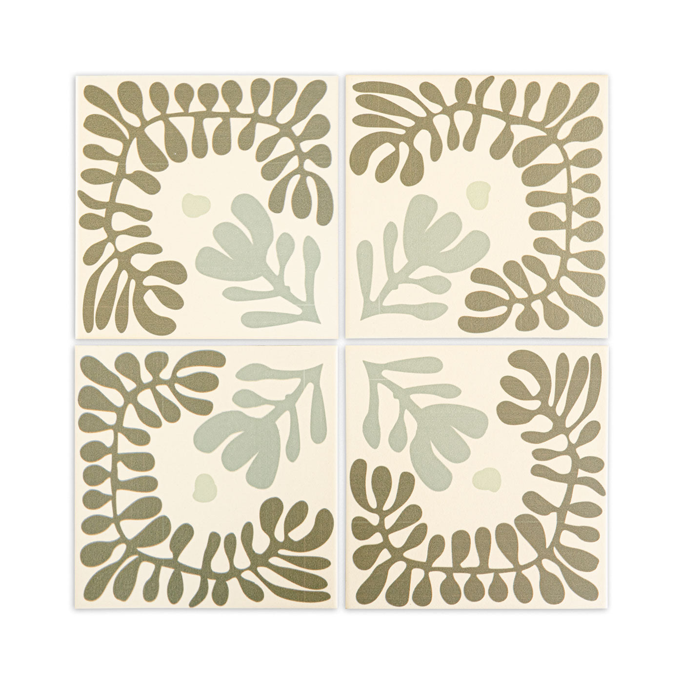 Bundle of four decorative tiles by Clay Imports, featuring olive green and pale blue-green botanical patterns on a cream background.