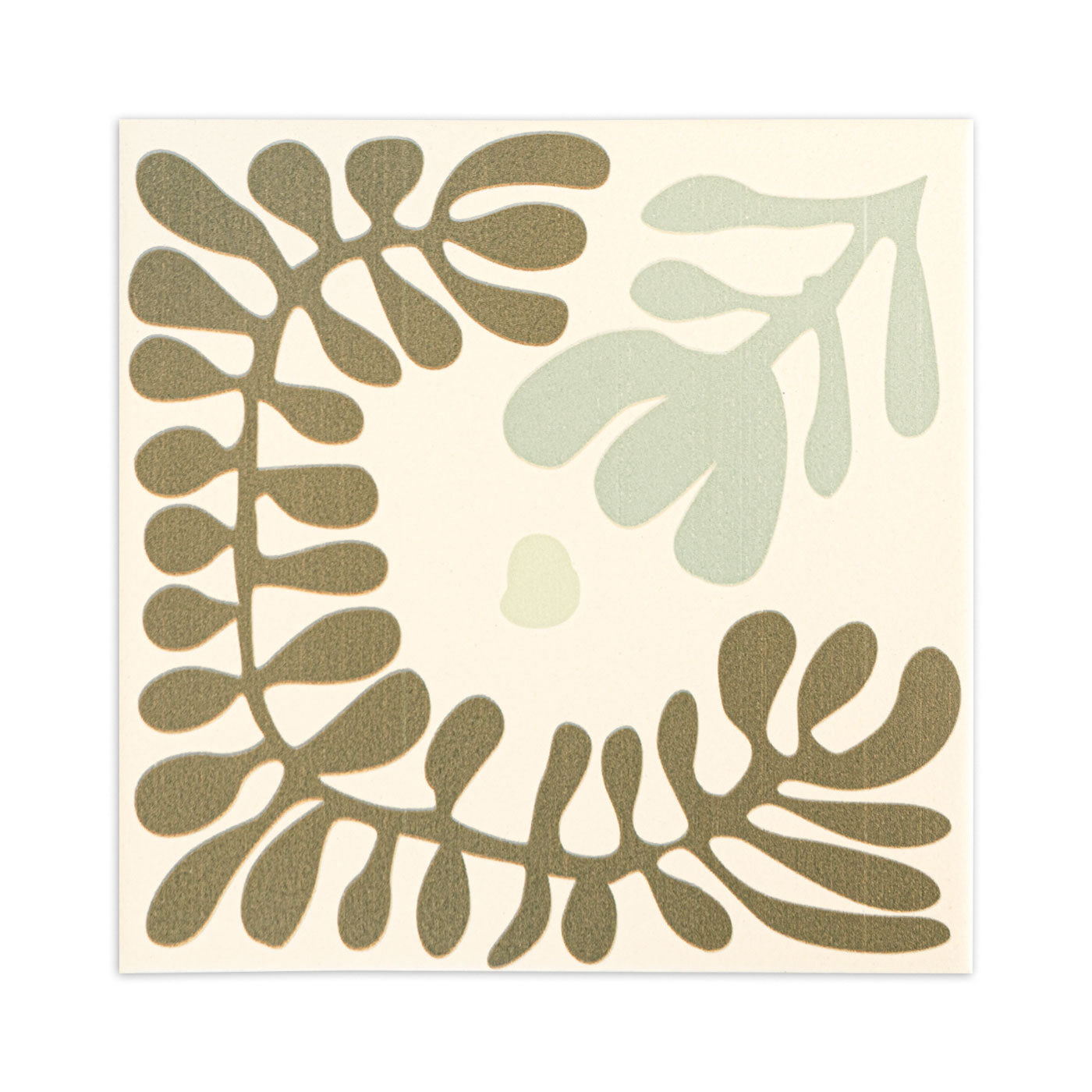 Cream ceramic tile by Clay Imports with a raised olive green and light blue botanical pattern.