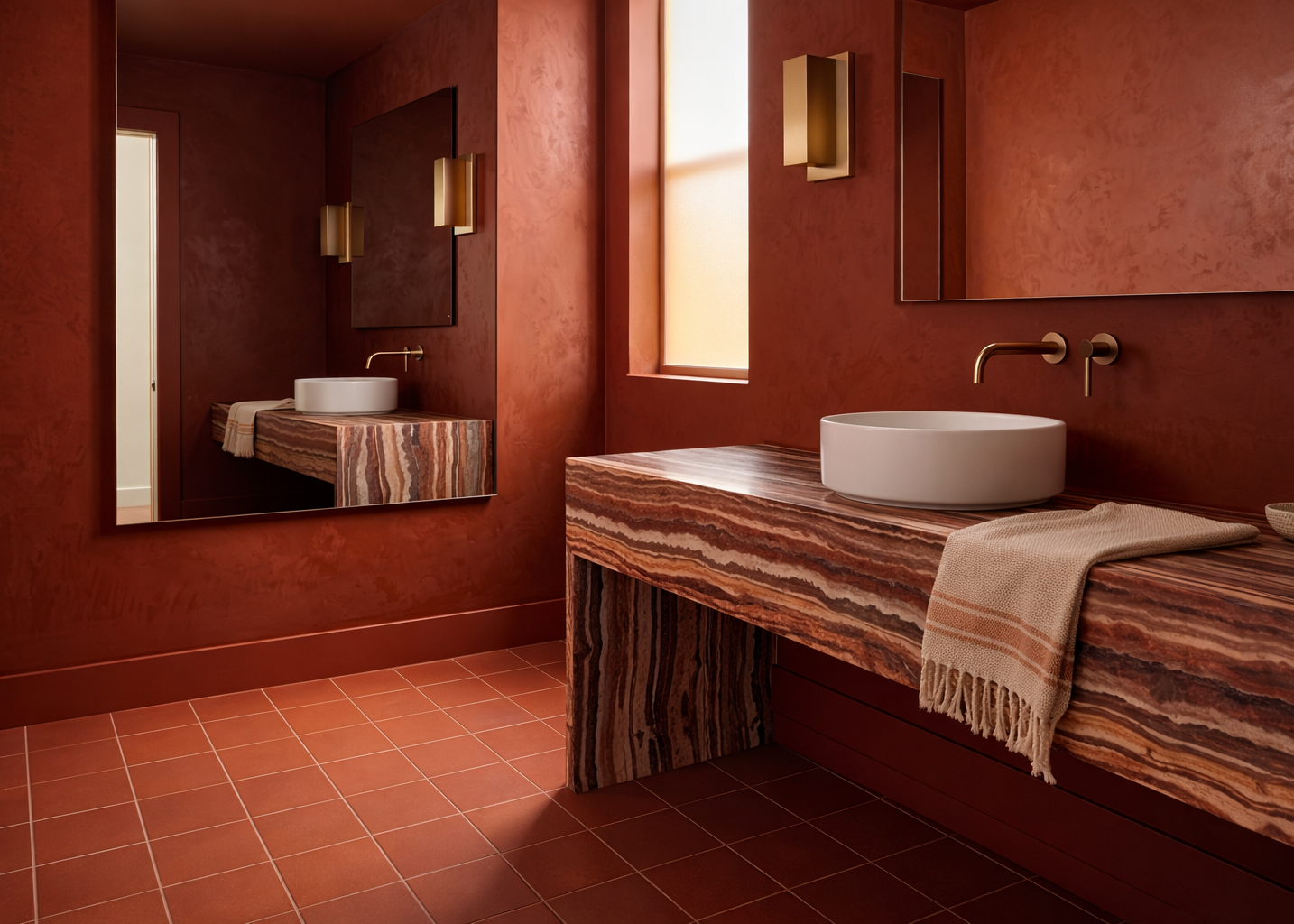 Terracotta solid tile by Clay Imports, square-shaped and laid in a grid pattern on a bathroom floor.