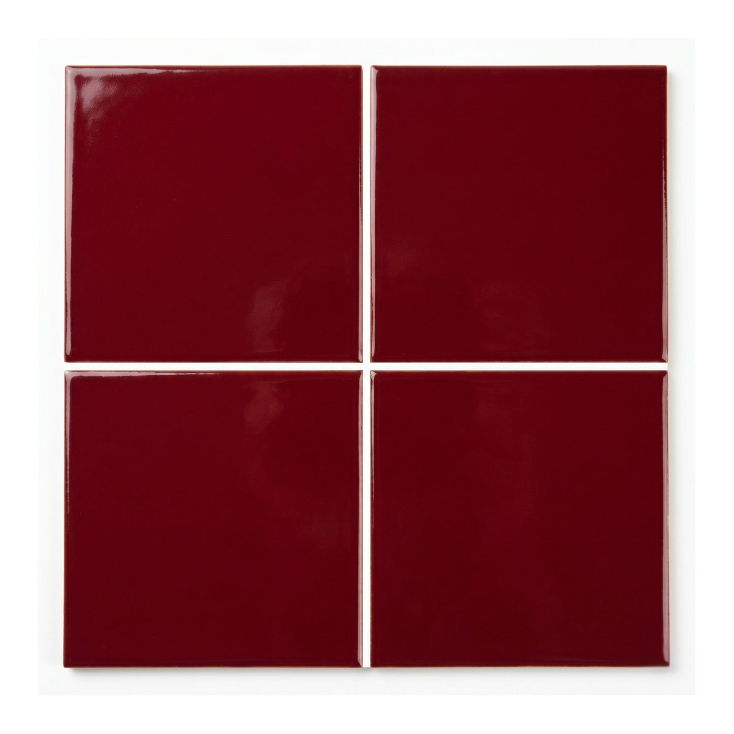 Oxblood glossy square clay tiles by Clay Imports, arranged in a 2x2 grid with white grout.