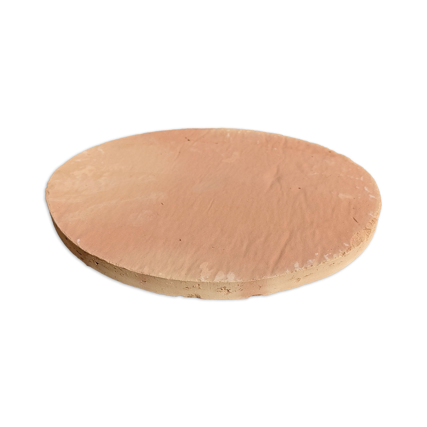 Round reddish-brown terracotta tile with a matte finish by Clay Imports, featuring a rustic, irregular edge.