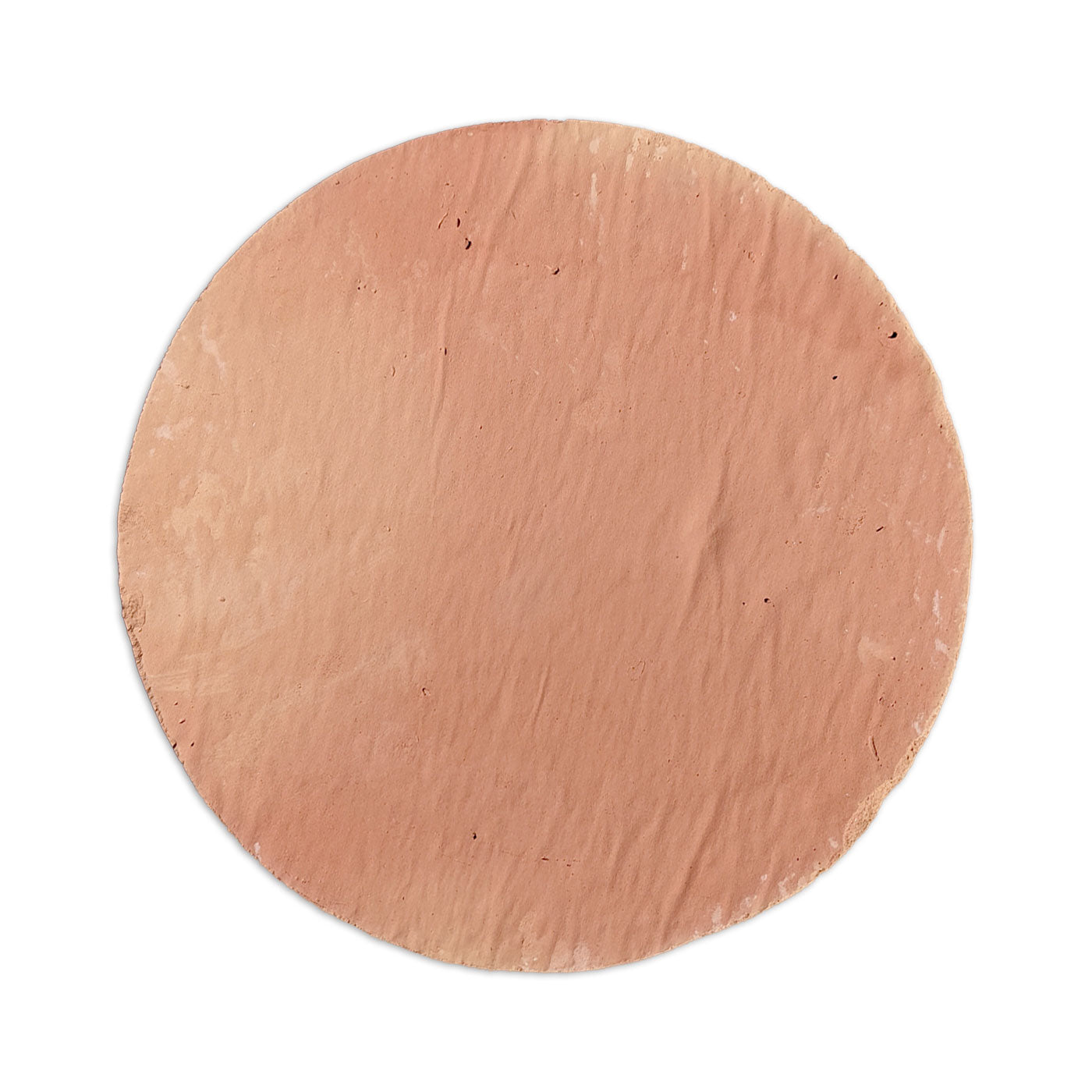 Antique matte reddish-brown round terracotta tile by Clay Imports with a rustic texture and uneven edges, top-down view.