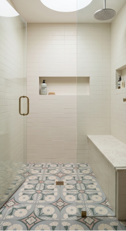 Pattern Tile with a gray, pink, and white floral-geometric design by Clay Imports, installed on a shower floor.