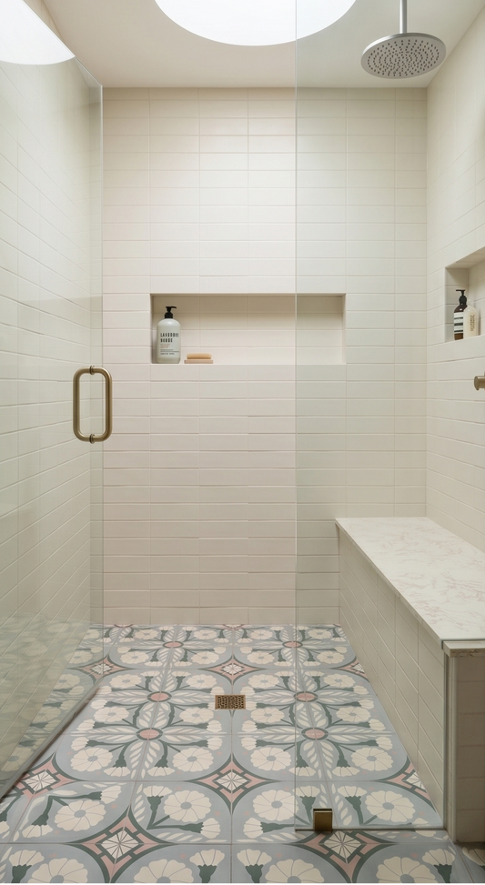 Pattern Tile with a gray, pink, and white floral-geometric design by Clay Imports, installed on a shower floor.