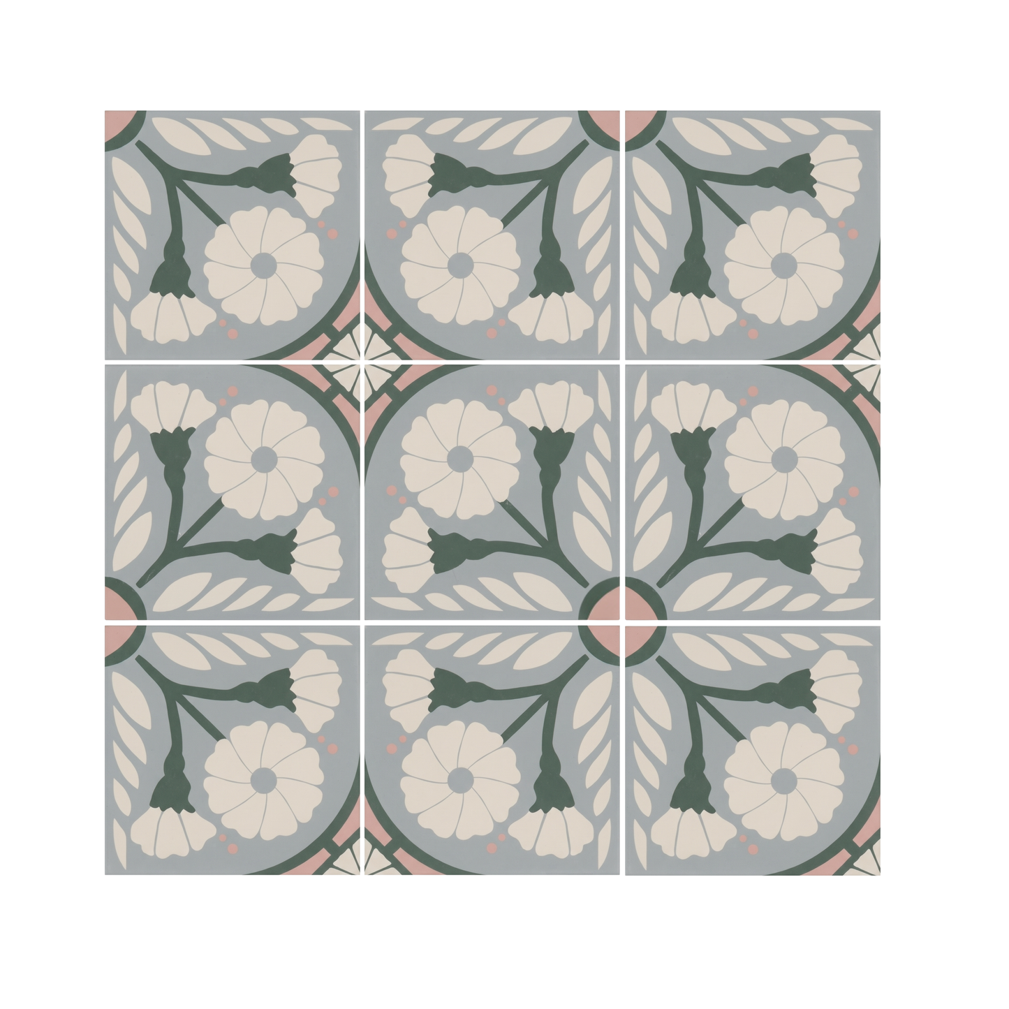 Grey-blue floral pattern tile by Clay Imports, featuring cream flowers, green leaves, and pink accents in a repeating design.