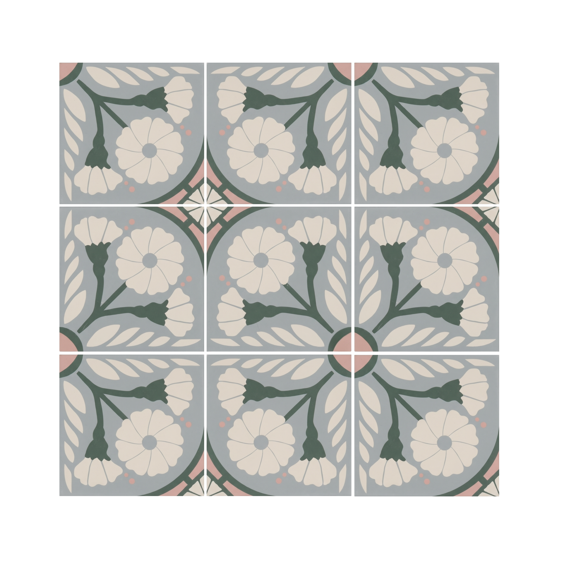 Grey-blue floral pattern tile by Clay Imports, featuring cream flowers, green leaves, and pink accents in a repeating design.