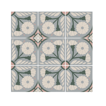 Grey-blue floral pattern tile by Clay Imports, featuring cream flowers, green leaves, and pink accents in a repeating design.
