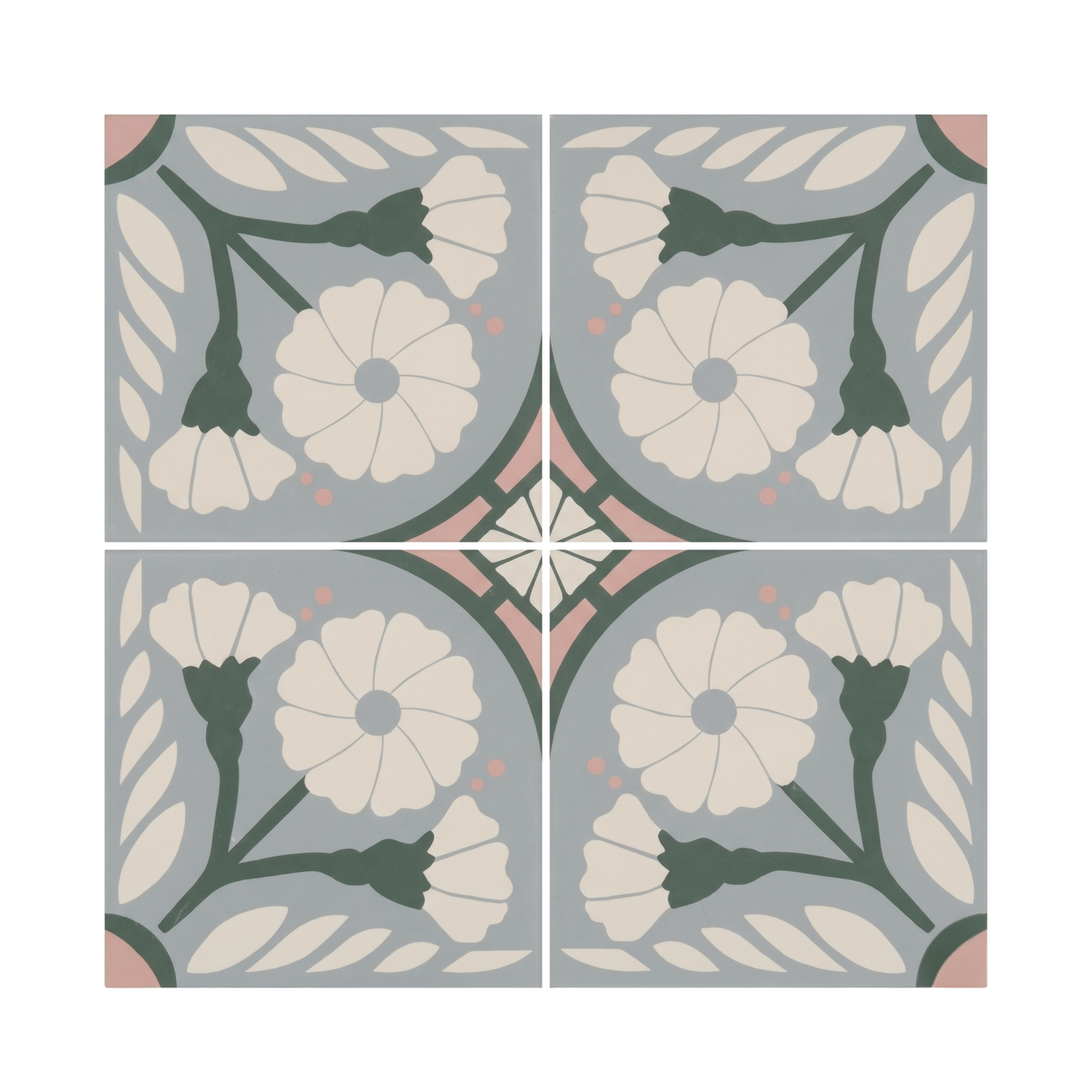 A set of four grey-blue pattern tiles by Clay Imports, featuring a floral and geometric design in dark green, cream, and pink.