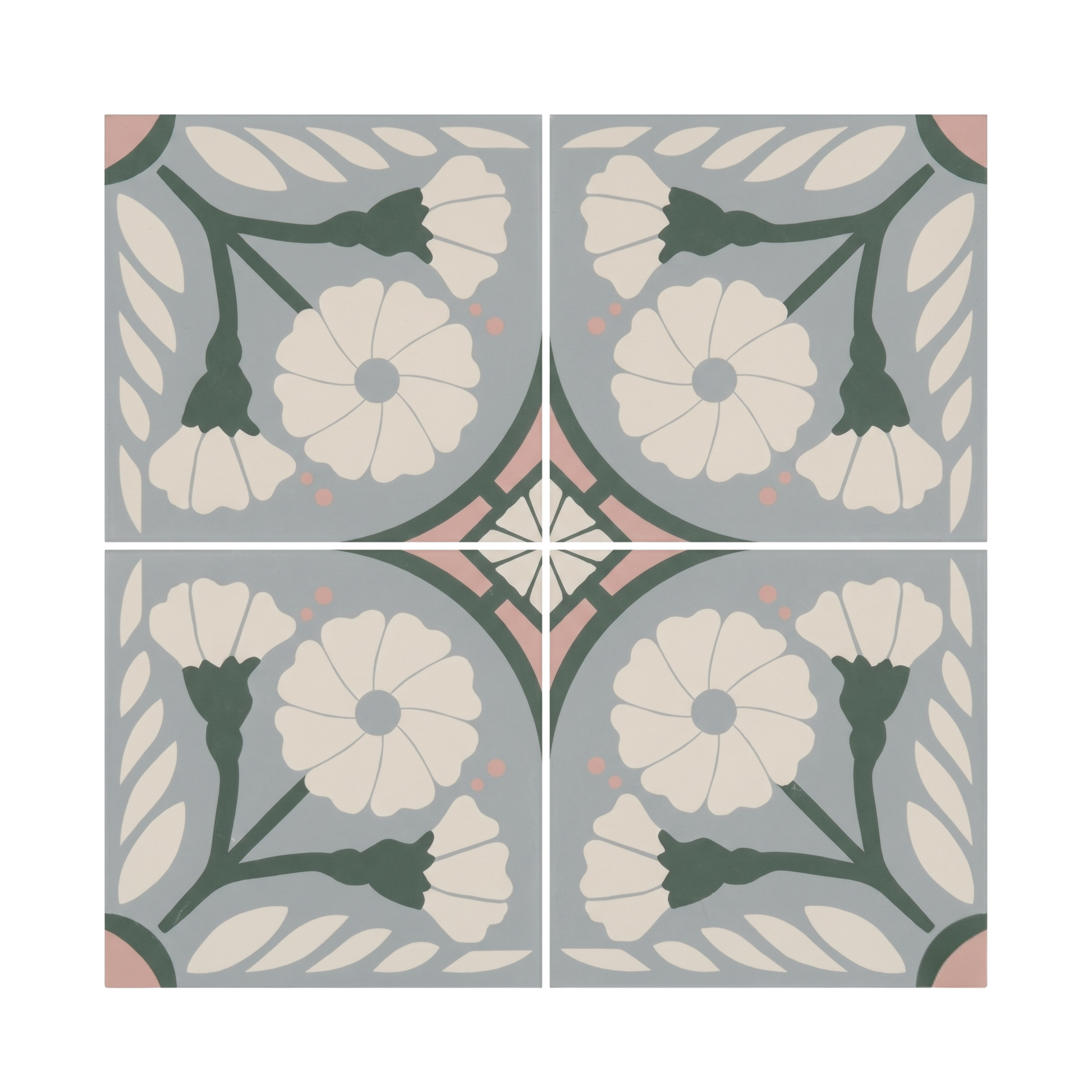 A set of four grey-blue pattern tiles by Clay Imports, featuring a floral and geometric design in dark green, cream, and pink.