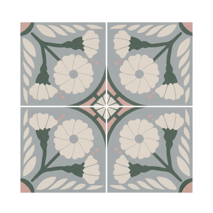 A set of four grey-blue pattern tiles by Clay Imports, featuring a floral and geometric design in dark green, cream, and pink.