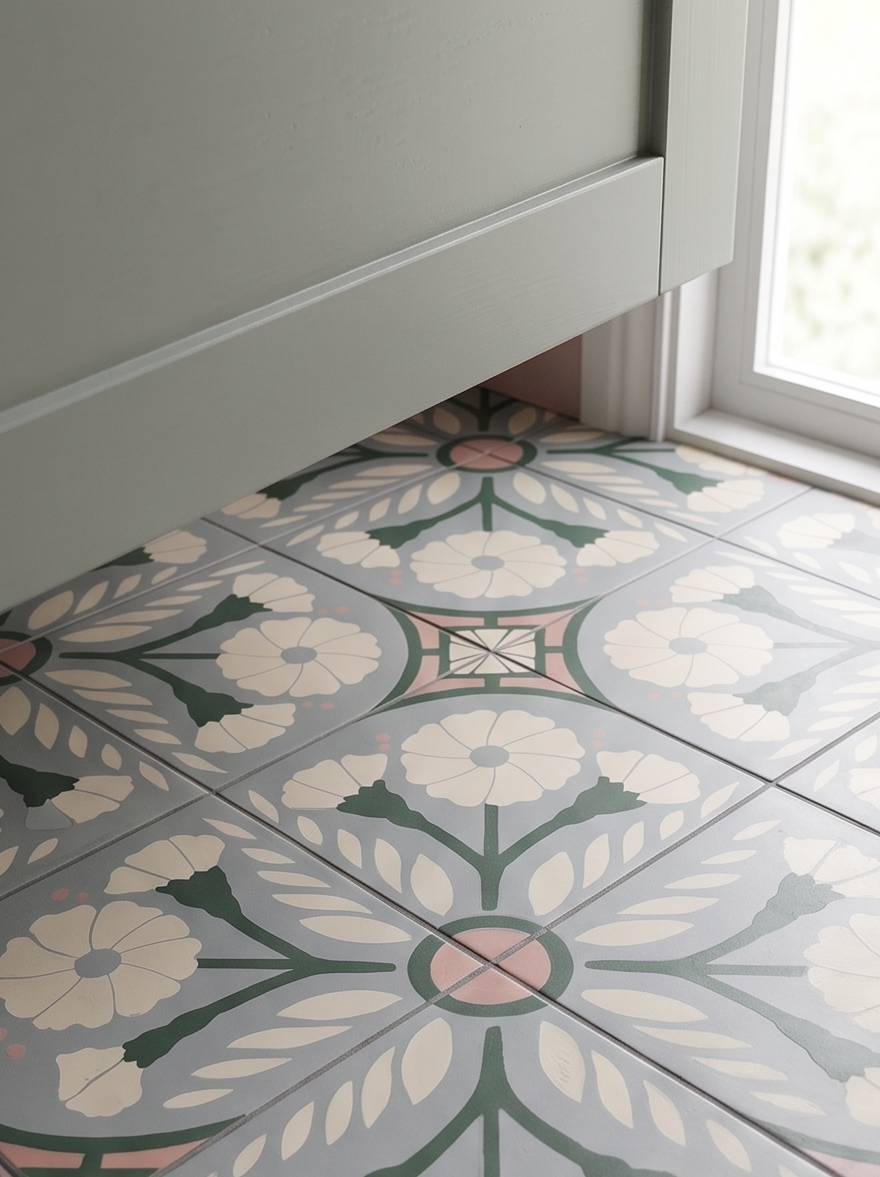 Vallarta Peyote 8x8 pattern tile by Clay Imports with grey, cream, green, and pink floral design, seen under a sage green cabinet.