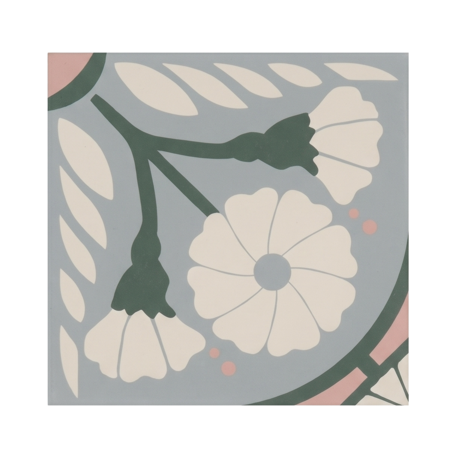 Floral sample tile by Clay Imports in blue-grey, green, and cream with pink accents.