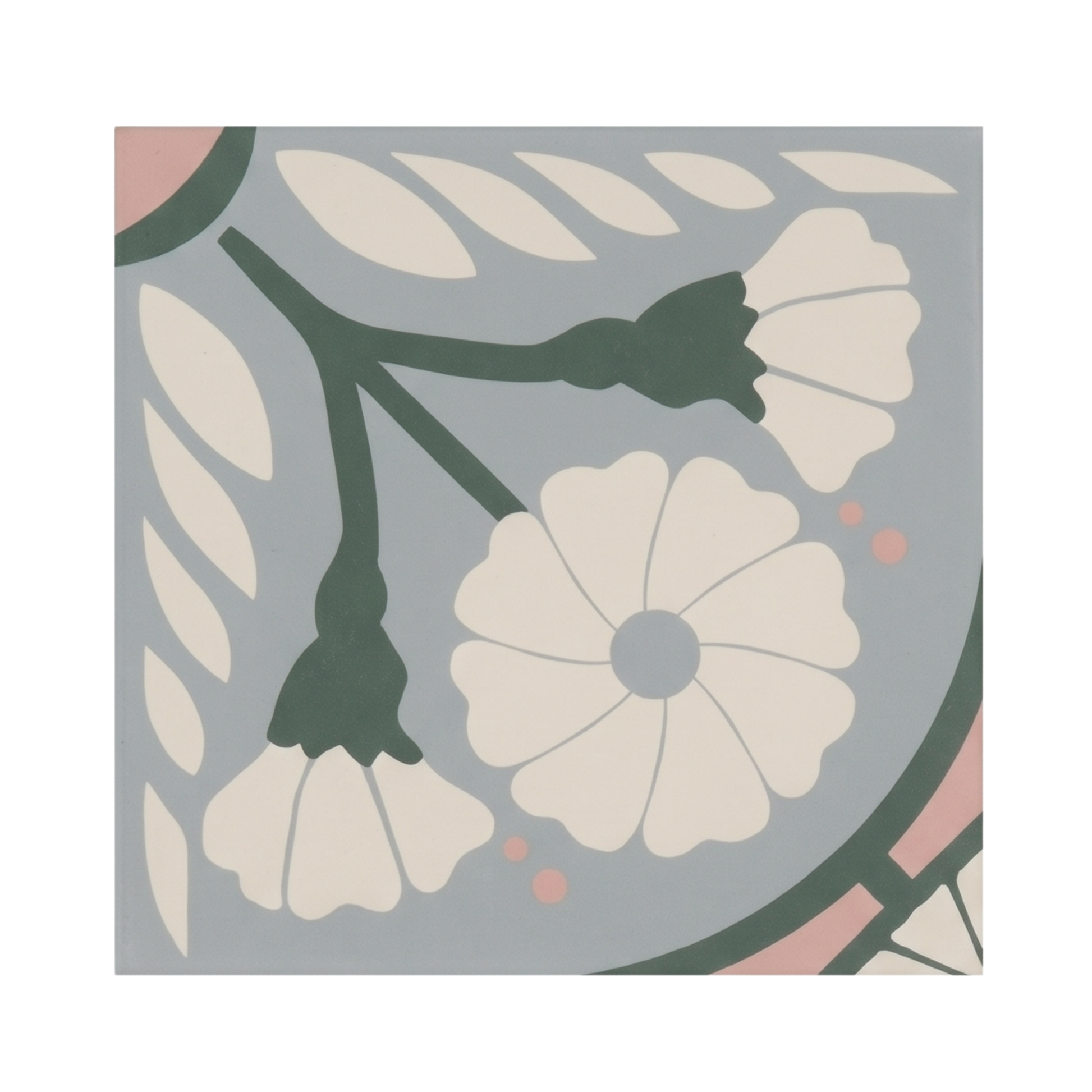 Floral sample tile by Clay Imports in blue-grey, green, and cream with pink accents.