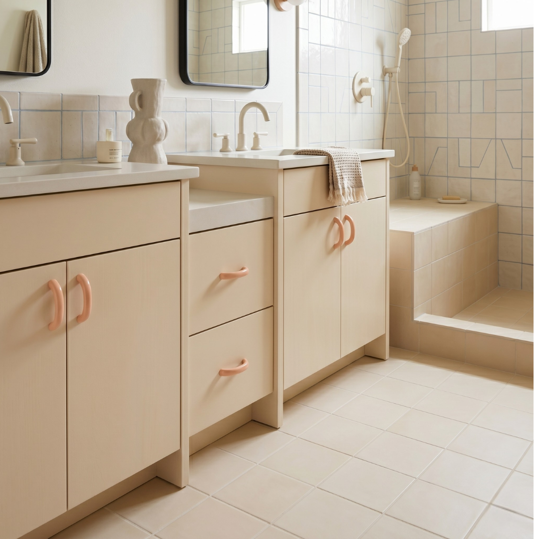 Beige bathroom vanity with pink handles in a tiled bathroom setting.