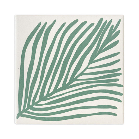 Square sample tile by Clay Imports with a minimalist aloe vera green palm leaf design on a textured cream background.