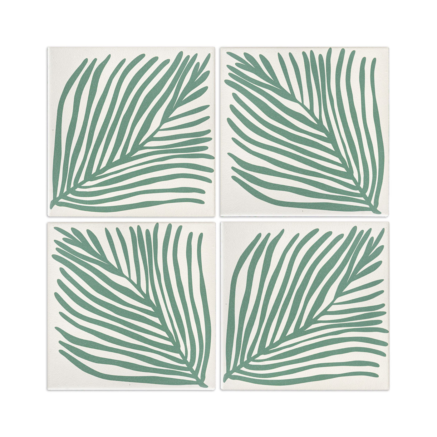 Set of four green palm leaf pattern tiles by Clay Imports, featuring stylized leaves on a light background in a 2x2 grid.