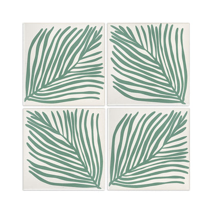 Set of four green palm leaf pattern tiles by Clay Imports, featuring stylized leaves on a light background in a 2x2 grid.