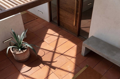 Baked Thin Terracotta Paver 8x16 by Clay Imports laid in a staggered pattern on a sunlit patio.