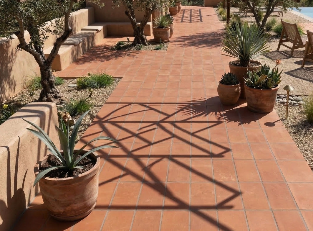 Baked thin terracotta pavers from Clay Imports forming a sunny outdoor pathway with trellis shadows.