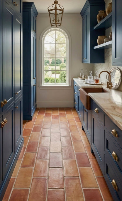 Supremo Rounded 8x16 terracotta floor tiles by Clay Imports, in varying reddish-brown tones, laid in a kitchen with blue cabinets.
