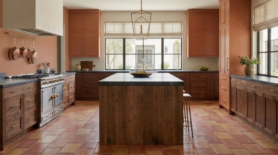 Supremo Rounded 8x16 terracotta floor tiles by Clay Imports in warm earthy tones, laid in a staggered pattern.