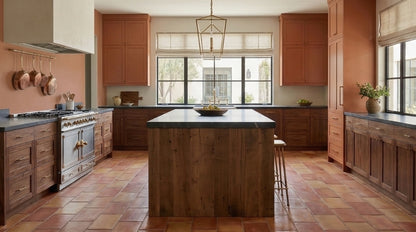Supremo Rounded 8x16 terracotta floor tiles by Clay Imports in warm earthy tones, laid in a staggered pattern.
