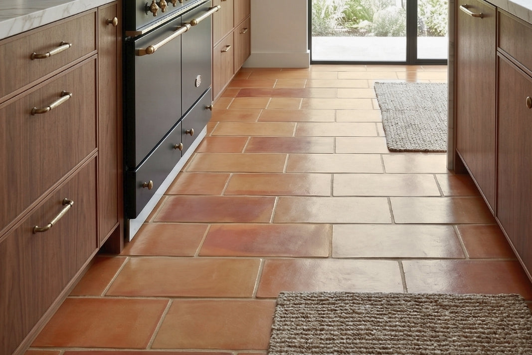 Supremo Rounded terracotta tiles by Clay Imports in varied warm reddish-brown and orange tones, rectangular with rounded edges, on a kitchen floor.