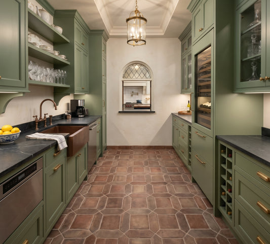 A luxurious green kitchen features custom sage cabinetry, a copper apron-front sink, dark soapstone countertops, and terracotta tile flooring, all illuminated by an elegant pendant light.