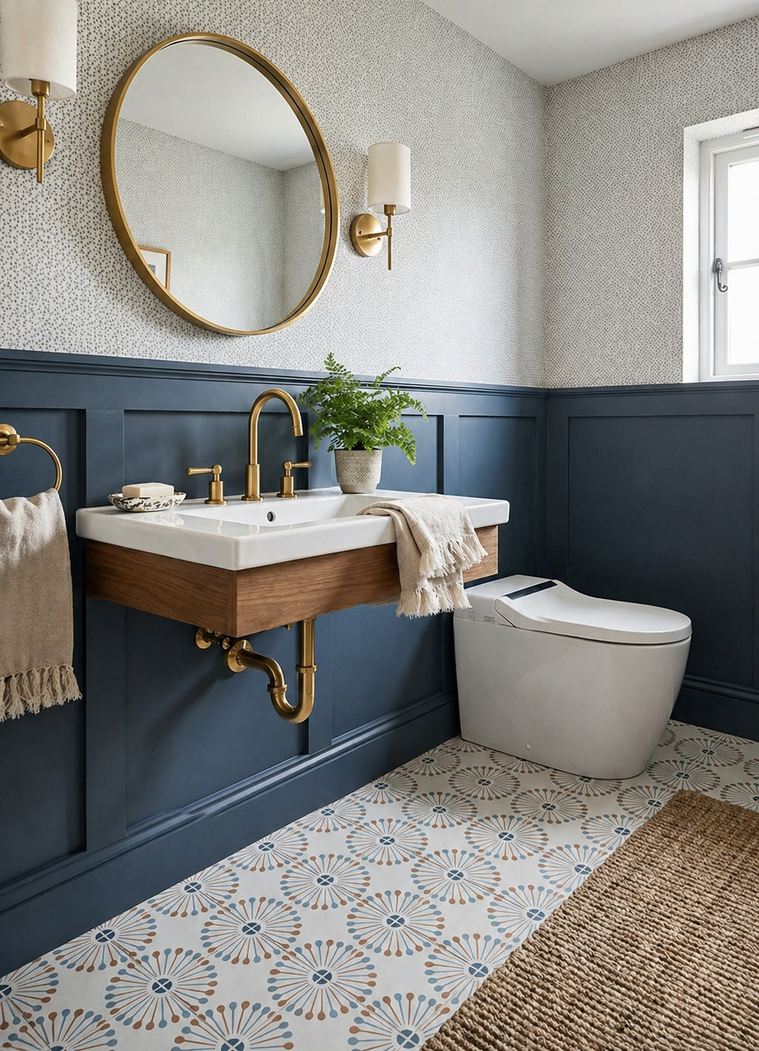 Atomic Vocho Papaya pattern tile by Clay Imports, featuring a starburst design in blue, orange, and tan on a white background, covering a bathroom floor.