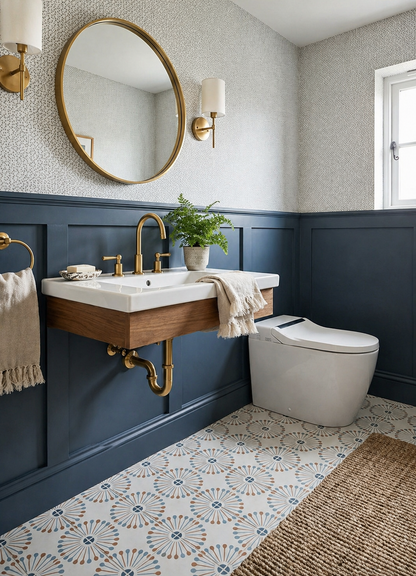 Atomic Vocho Papaya pattern tile by Clay Imports, featuring a starburst design in blue, orange, and tan on a white background, covering a bathroom floor.