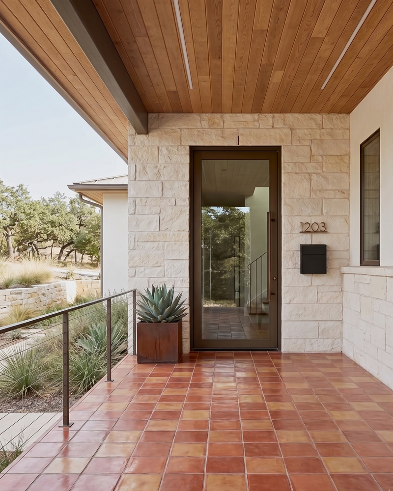 Modern home entryway with a glass front door, stone wall, terracotta tile porch floor, wood ceiling, and a potted succulent near the door.