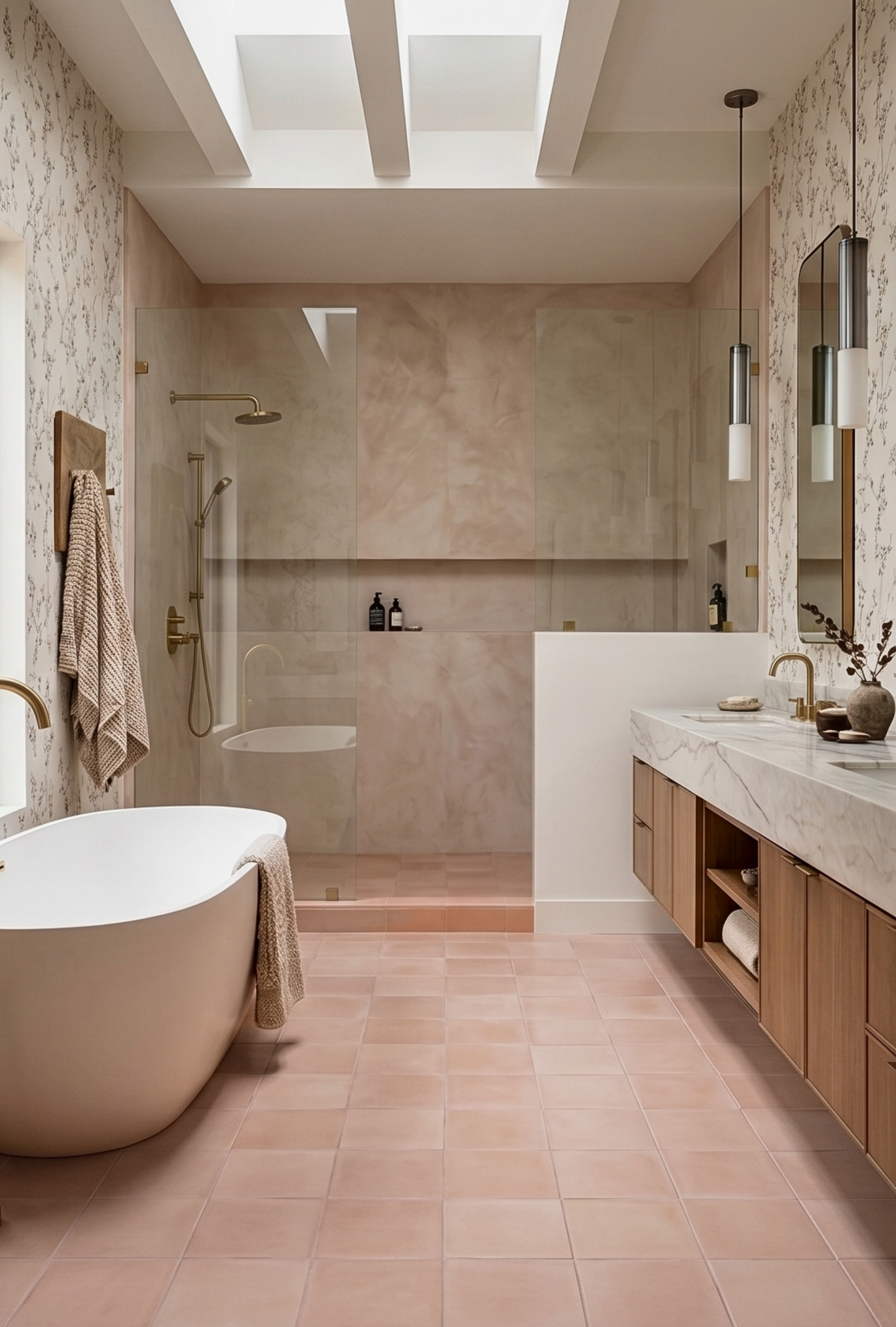 Modern bathroom with a freestanding bathtub, shower area, and rose tile vanity.
