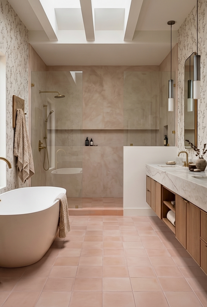 Modern bathroom with a freestanding bathtub, shower area, and rose tile vanity.