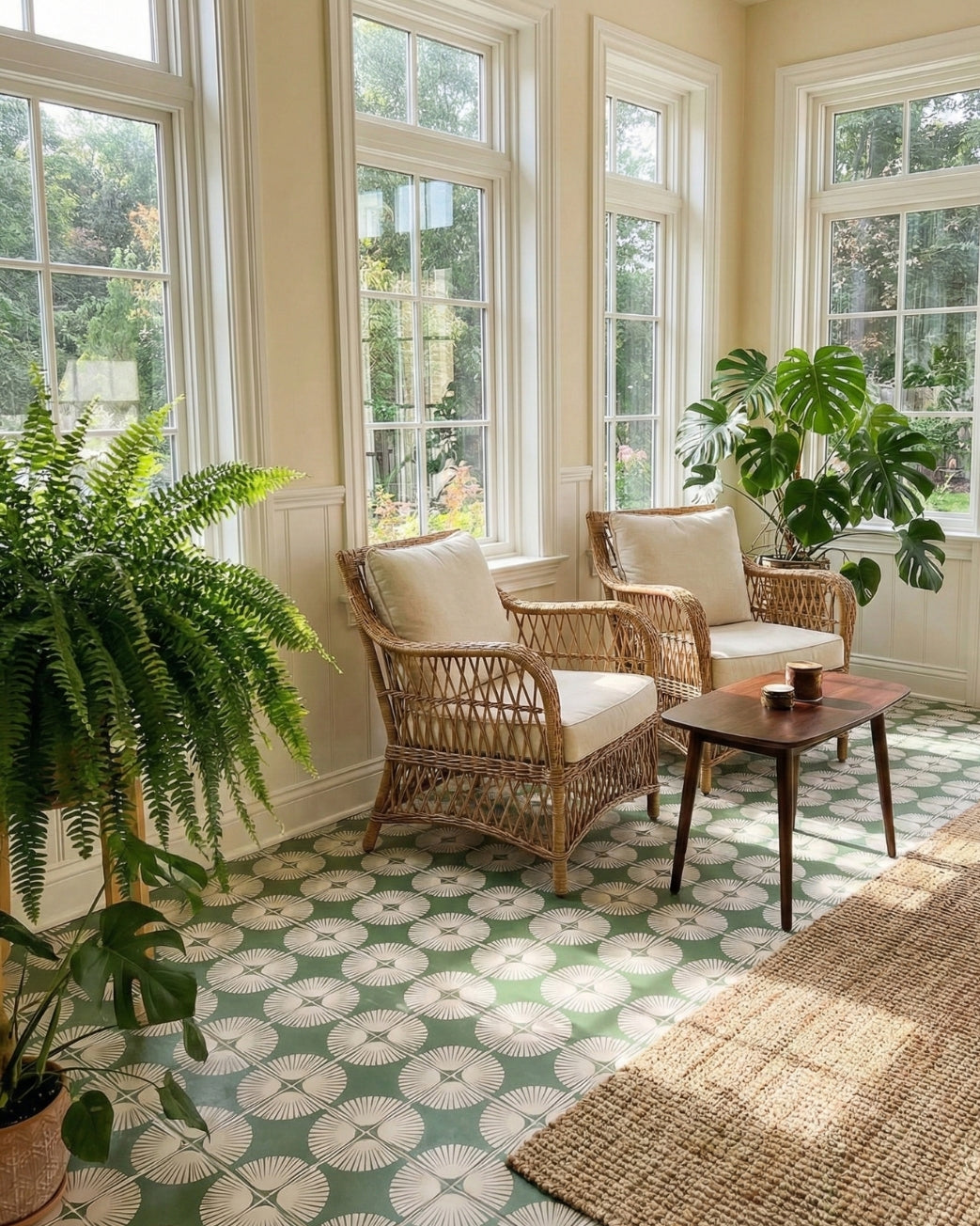 Green and white petal pattern tile by Clay Imports in a bright sunroom with wicker chairs.