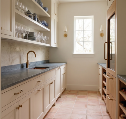 Smooth matte terracotta tiles by Clay Imports, covering a pantry floor with natural pinkish-orange variations and visible grout lines.
