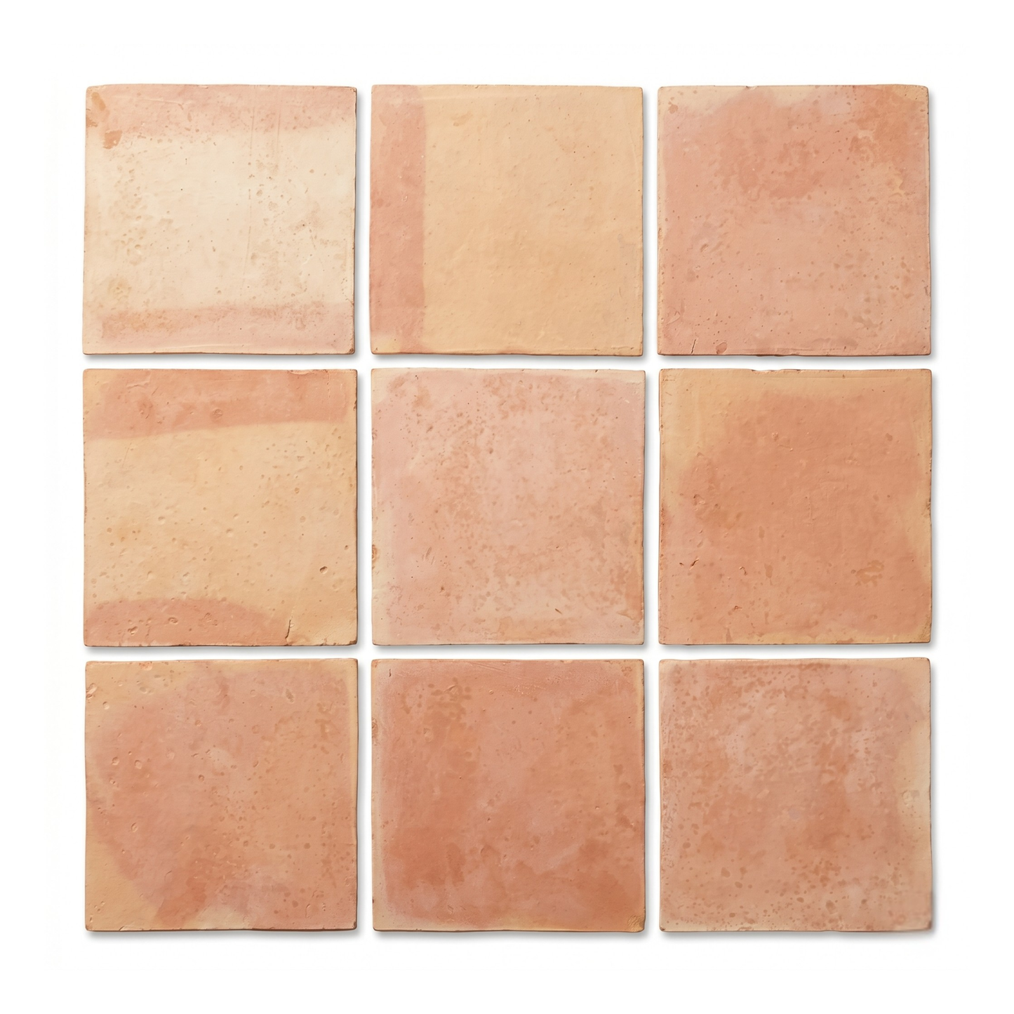 Nine smooth, matte terracotta tiles by Clay Imports, arranged in a grid with natural earthy tones and texture variations.
