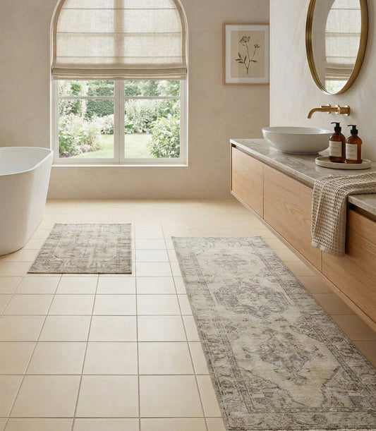 Tumbleweed 8x8 square clay floor tiles by Clay Imports in a light beige bathroom.