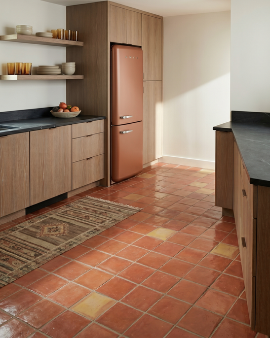 Square terracotta floor tiles by Clay Imports with straight grout lines, varied reddish-brown and yellow tones, in a kitchen.