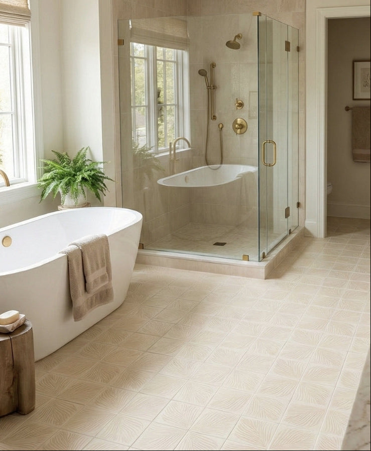 Willow Dew light beige tile bundle by Clay Imports, featuring a subtle fan pattern, laid on a bathroom floor.